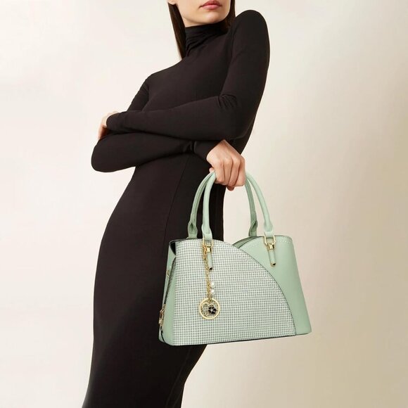 Women’s Green Triple Compartment Satchel Fashion Top Handle Shoulder Bag - Picture 2 of 6